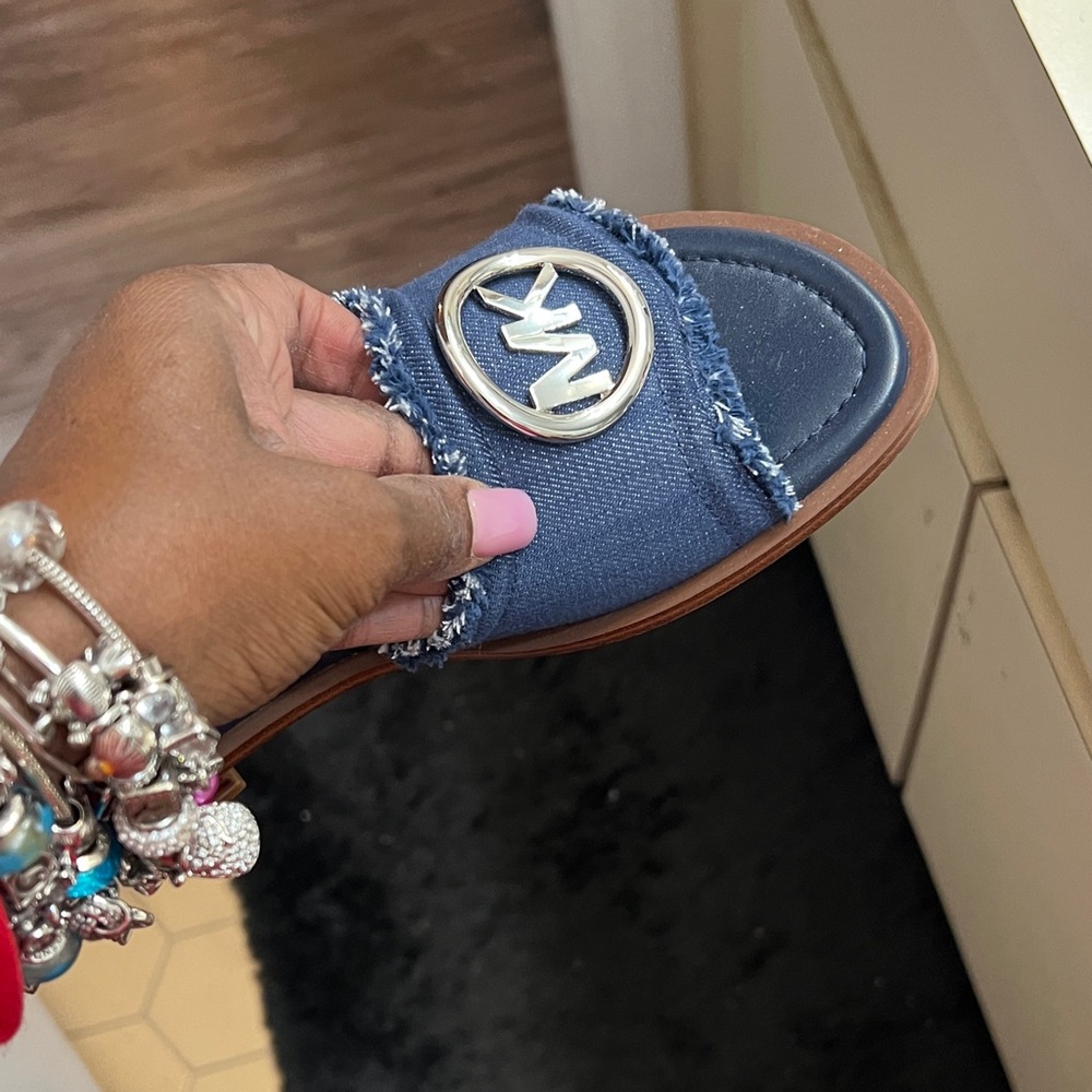 Michael Kors Denim Blue Slides with Silver Logo - Picture 3 of 4